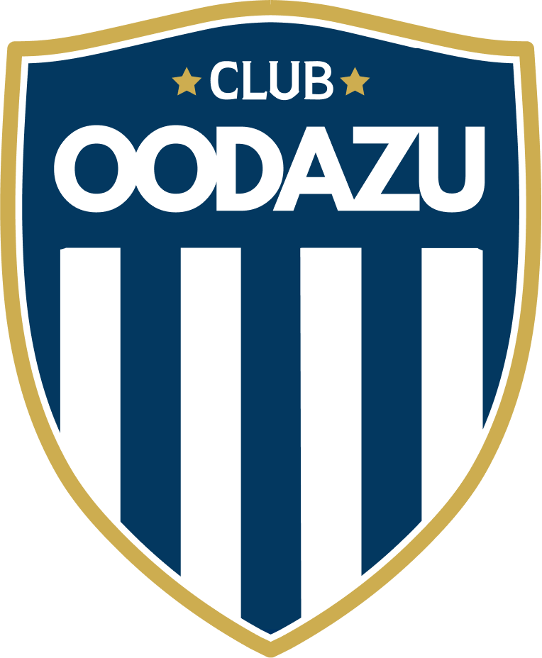 Shield-shaped logo with blue and white stripes, gold outline, and the word 'CLUB OODAZU' at the top.